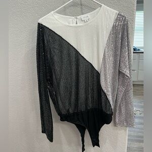 Black, white, silver Shiny bodysuit from Oak Boutique, size S